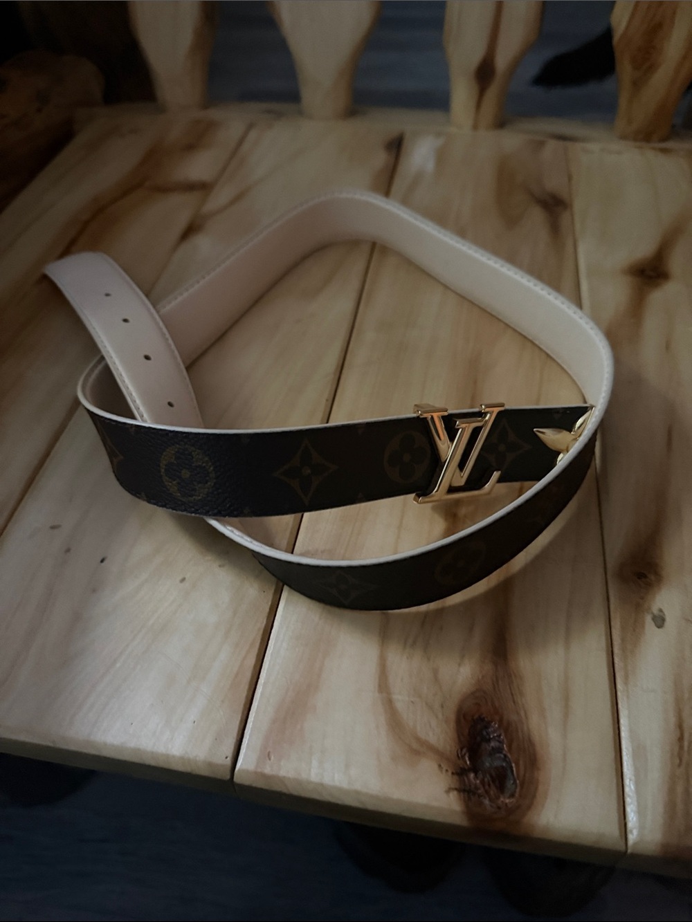 Louis Vuitton Monogram Belt with Gold LV Buckle and Cream Interior
